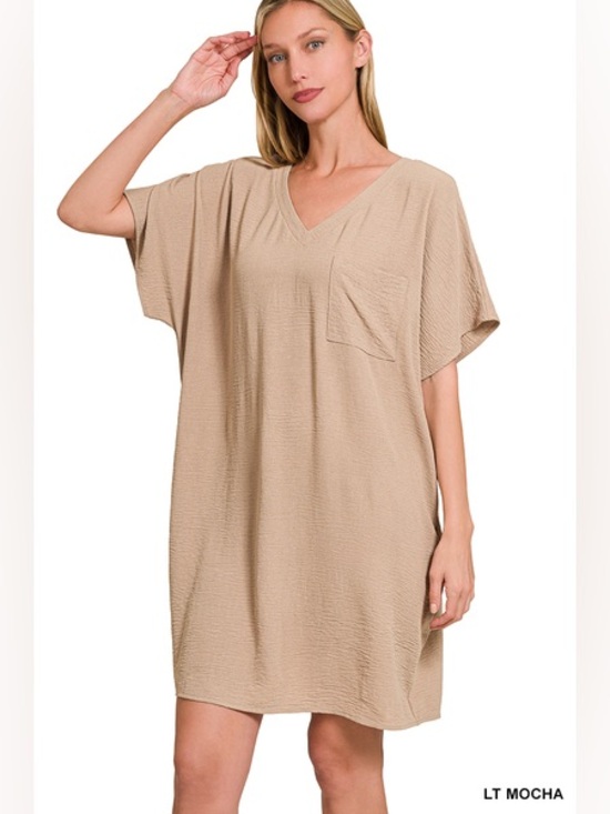 Zenana Outfitters Dresses & Skirts - Zenana WOVEN AIRFLOW V NECK T SHIRT DRESS WITH POCKETS